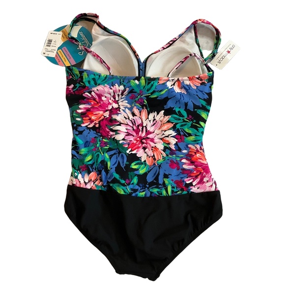 NWT Swim Solutions Black Floral Waist Minimizing‎ One Piece Swimsuit Size 16 - Picture 7 of 7